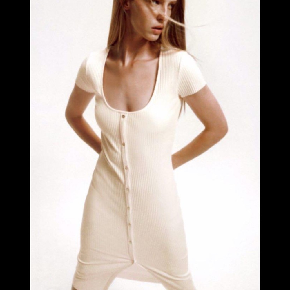 Zara Off-White Ribbed Button Down Dress
